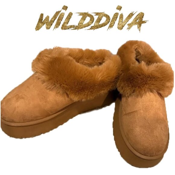 NEW WILD DIVA Faux-Fur Platform Slip On Booties, Cozy Warm, Winter Boots - Picture 2 of 3